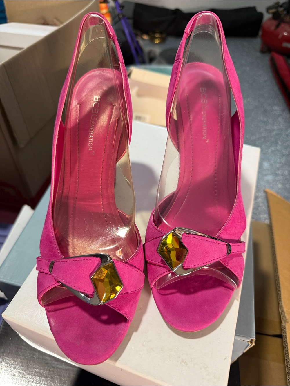 BCBGeneration Fuchsia Open-Toe Heels with Yellow Gem Accent